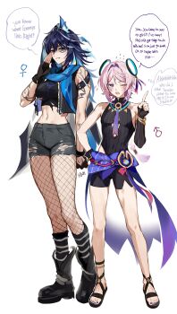 1boy 1girl absurdres animal_ears arm_at_side arm_tattoo bare_shoulders bishounen black_footwear black_gloves black_hair black_socks black_sweater blue_eyes blue_scarf body_markings boots bracelet breasts citlali_(genshin_impact) cleavage_cutout clothing_cutout commentary_request crop_top denim denim_shorts english_text evil_smile facial_mark fingerless_gloves fishnet_pantyhose fishnets flying_sweatdrops forehead_mark full_body genderswap genderswap_(ftm) genderswap_(mtf) genshin_impact gloves gold_bracelet grandfather_and_granddaughter grey_shorts hair_between_eyes hair_intakes hand_on_own_hip hand_tattoo hand_to_own_mouth hand_up heel_up height_difference heterochromia highres hood hood_up hwan_(mob_hwan) index_finger_raised jewelry kneehighs large_breasts legs legs_apart legs_together looking_at_viewer mark_under_both_eyes mark_under_eye mars_symbol midriff nail_polish navel necktie one_eye_closed open_mouth ororon_(genshin_impact) palms pantyhose parted_bangs pink_eyes pink_hair purple_nails purple_necktie purple_sash sandals sash scarf shaded_face short_hair short_shorts shorts side-by-side simple_background single_bare_arm sleeveless sleeveless_sweater smile socks speech_bubble standing striped_clothes striped_socks sweatdrop sweater tall_female tattoo thighhighs thought_bubble toenail_polish toenails toes torn_clothes torn_shorts triangle triangle_cutout triangle_facial_mark tsundere upturned_eyes venus_symbol white_background