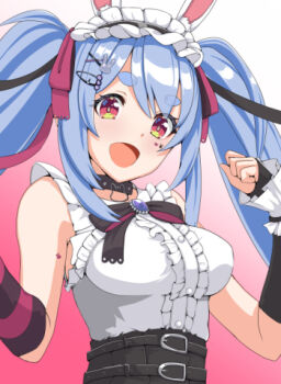 1girl animal_ears blue_hair carrot_hair_ornament food-themed_hair_ornament hair_ornament hairpin hololive looking_at_viewer lowres official_alternate_costume orange_eyes rabbit_ears rabbit_girl shachikunoosamu shirt short_eyebrows sleeveless sleeveless_shirt smile solo twintails usada_pekora usada_pekora_(11th_costume) virtual_youtuber white_shirt white_wrist_cuffs wrist_cuffs x_hair_ornament