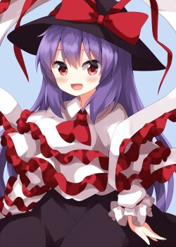 1girl :d alternate_hair_length alternate_hairstyle ascot black_skirt blue_background blush bow commentary_request completion_time dot_nose frilled_shirt frills hagoromo hair_between_eyes hat hat_bow highres long_hair long_sleeves looking_at_viewer nagae_iku open_mouth purple_hair red_ascot red_bow red_eyes ruu_(tksymkw) shawl shirt simple_background skirt smile solo touhou very_long_hair white_shirt wing_collar
