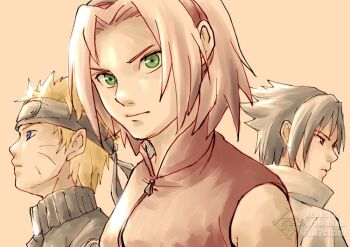 Rule 34 | 1girl, 2boys, black hair, black headband, black jacket, blonde hair, blue eyes, breasts, chara no7, commentary request, expressionless, forehead protector, green eyes, hairband, haruno sakura, headband, jacket, medium breasts, multiple boys, naruto (series), naruto shippuuden, pink hair, red eyes, red hairband, twitter username, uchiha sasuke, uzumaki naruto, watermark