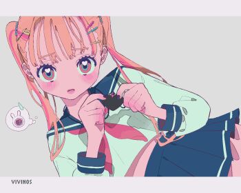 1girl animated animated_gif artist_name blinking blonde_hair blue_sailor_collar blue_scrunchie blue_skirt blunt_bangs border cardigan closed_eyes closing_eyes cowboy_shot dark dutch_angle earrings expressionless glowing grey_background grey_border hair_ornament hair_scrunchie hairclip half-closed_eye heart heart_necklace holding holding_jewelry holding_necklace jewelry letterboxed long_sleeves looking_at_viewer looking_to_the_side looping_animation midriff miniskirt multicolored_hair neckerchief necklace opening_eyes original pants parallel_hairclips pink_hair pleated_skirt red_neckerchief robot sailor_collar school_uniform scrunchie serafuku shirt skirt solo speech_bubble spoken_object standing streaked_hair stud_earrings sweatpants thought_bubble twintails two-tone_hair vivinos white_shirt