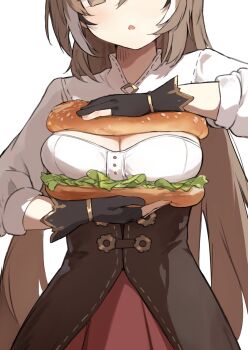 Rule 34 | 1girl, black gloves, black streaks, bread bun, breasts, brown corset, brown eyes, brown hair, cleavage, corset, gloves, highres, hololive, hololive english, long hair, medium breasts, nanashi mumei, nanashi mumei (1st costume), open mouth, orobou, partially fingerless gloves, shirt, simple background, solo, very long hair, virtual youtuber, white background, white shirt, white streaks
