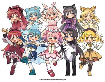 5girls :d ;d akemi_homura akemi_homura_(magical_girl) animal_ear_fluff animal_ear_hairband animal_ears arms_up bare_shoulders black_boots black_bow black_hair black_hairband black_thighhighs blonde_hair blue_boots blue_dress blue_eyes blue_hair blue_hairband blue_skirt blue_sleeves blush_stickers boots bow brown_boots brown_hat brown_thighhighs bubble_skirt cat_ear_hairband cat_ears closed_mouth commentary_request copyright_notice detached_sleeves dog_ear_hairband dog_ears double_fox_shadow_puppet dress dress_bow drill_hair fake_animal_ears fang food food_on_face fortissimo fox_ears fox_shadow_puppet frilled_skirt frilled_sleeves frills full_body gloves hair_bow hair_ornament hairband hand_up hands_up hat heart holding holding_food kaname_madoka kaname_madoka_(magical_girl) knee_boots long_hair long_sleeves looking_at_viewer magical_girl mahou_shoujo_madoka_magica mahou_shoujo_madoka_magica_(anime) miki_sayaka miki_sayaka_(magical_girl) multiple_girls multiple_views musical_note musical_note_hair_ornament no_mouth off-shoulder_dress off_shoulder official_art one_eye_closed open_mouth orange_skirt ozu_(oz_yarimasu) paw_pose pink_bow pink_dress pink_eyes pink_hair pleated_skirt ponytail purple_dress purple_skirt rabbit_ear_hairband rabbit_ears rabbit_pose red_boots red_dress red_eyes red_hair red_hairband red_shoes red_sleeves sakura_kyoko sakura_kyoko_(magical_girl) shirt shoes short_dress short_hair short_sleeves short_twintails sidelocks simple_background skirt sleeveless sleeveless_dress smile socks standing standing_on_one_leg strapless strapless_shirt striped_clothes striped_thighhighs taiyaki thigh_boots thighhighs tomoe_mami tomoe_mami_(magical_girl) twin_drills twintails v v-shaped_eyebrows vertical-striped_clothes vertical-striped_thighhighs wagashi white_background white_gloves white_hairband white_shirt white_skirt white_sleeves white_socks white_thighhighs wolf_ears yellow_eyes yellow_hairband