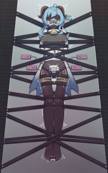 1girl bdsm bell blindfold blue_hair bondage bound bound_toes breasts covered_erect_nipples crying drooling duct_tape female_ejaculation female_focus forced_orgasm full_body gag gagged ganyu_(genshin_impact) gas_mask genshin_impact hitachi_magic_wand horns improvised_gag large_breasts mask orgasm_torture restrained sex_toy solo stationary_restraints twintails vibrator xiao_chai_hu