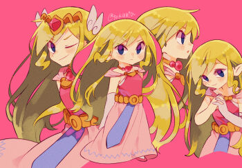 1girl ;) artist_name blonde_hair closed_mouth commentary_request dress elbow_gloves gloves highres interlocked_fingers jewelry long_hair multiple_views necklace nintendo no_headwear no_neckwear one_eye_closed own_hands_together parted_lips pink_background pink_dress pink_shoes princess_zelda shoes simple_background single_elbow_glove smile the_legend_of_zelda the_legend_of_zelda:_the_wind_waker tiara tokuura toon_zelda twitter_username very_long_hair white_gloves