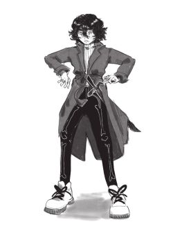 Rule 34 | 1boy, alternate costume, black hair, coat, commentary, contrapposto, curly hair, english commentary, full body, hair between eyes, itsis0k, male focus, nico di angelo, overcoat, percy jackson and the olympians, short hair, skeleton print, solo, standing, surprised, sweater, white sweater