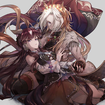 2girls ahoge animal_ears ascot black_ascot black_corset black_gloves blue_eyes blunt_bangs bow breasts brown_hair cape coat commentary_request corset detached_sleeves ear_covers ear_ornament fur_trim gem gloves green_gemstone hair_between_eyes hair_ornament hair_over_one_eye highres horse_ears horse_girl horse_tail jacket large_breasts long_hair long_sleeves looking_at_viewer lucky_lilac_(umamusume) multicolored_hair multiple_girls orange_hair orfevre_(control)_(umamusume) orfevre_(umamusume) parted_lips purple_eyes red_cape shirt side_ponytail simple_background single_ear_cover skirt tail two-tone_hair umamusume white_coat white_hair white_shirt yue_(lov_n_n)