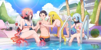 1boy 3girls absurdres action_figure all_fours angel angel_wings apartment astraea_(sora_no_otoshimono) bikini black_eyes black_hair blonde_hair blue_bikini blue_eyes blue_hair breasts broken broken_chain chain cleavage closed_mouth cloud cloudy_sky collar collarbone crossed_legs cup day drinking_glass feathered_wings food food_in_mouth fruit green_eyes hair_ribbon hand_on_another&#039;s_cheek hand_on_another&#039;s_face hetero highres holding holding_cup ikaros large_breasts lens_flare long_hair looking_at_another maikurorensu male_swimwear meat medium_breasts metal_collar micro_bikini multiple_girls navel notice_lines nymph_(sora_no_otoshimono) open_mouth original outdoors pink_bikini pink_hair pool pool_ladder poolside profile red_eyes red_ribbon ribbon robot_ears short_hair side-tie_bikini_bottom sitting sky soaking_feet sora_no_otoshimono standing strapless strapless_bikini string_bikini swimsuit thighs tile_wall tiles topless_male twintails underboob very_long_hair wading water watermelon white_bikini white_wings wings