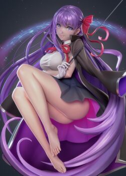 1girl 3d ass bare_legs barefoot bb_(fate) bb_(fate/extra) blender_(medium) blue_skirt blush breasts collared_leotard crossed_arms fate/grand_order fate_(series) feet female_focus floating full_body gloves hair_ribbon high_collar highres holding holding_wand large_breasts leotard lips long_coat long_hair looking_at_viewer pleated_skirt purple_eyes purple_hair red_ribbon ribbon skirt smile solo sparkle sparkle_background thick_thighs thighs toes ucupumar very_long_hair wand white_gloves white_leotard
