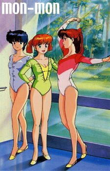 Rule 34 | 1980s (style), 3girls, arm up, artist name, athletic leotard, barre, blue eyes, blue hair, brown hair, dance studio, emoto miki, green eyes, gymnastics, half-soles, indoors, leotard, long hair, midnight anime lemon angel, mon mon, multiple girls, non-web source, official art, oldschool, open mouth, orange hair, profile, retro artstyle, rhythmic gymnastics, sakurai tomo, shima erika, short hair, smile, standing, twintails, window