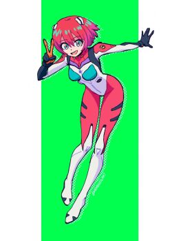 1girl amate_yuzuriha aqua_eyes bodysuit breasts commentary full_body green_background gundam gundam_gquuuuuux highres interface_headset_(evangelion) mecha_pilot_suit mrmiguelart multicolored_bodysuit neon_genesis_evangelion open_mouth parody plugsuit_(evangelion) red_hair short_hair small_breasts smile solo v