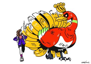 1girl backpack bag beak bird black_eyeshadow black_shorts blazer brown_hair eye_contact eyeshadow feathers gen_2_pokemon green_feathers highres ho-oh jacket legendary_pokemon looking_at_another looking_to_the_side makeup multicolored_feathers nintendo osare_graffiti pink_shirt pokemon pokemon_sv purple_jacket red_eyes red_feathers school_uniform shirt shorts talons uva_academy_school_uniform walking white_background white_bag white_feathers yellow_feathers