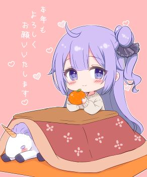 1girl ahoge azur_lane blush brown_sweater chibi closed_mouth commentary_request food fruit hair_bun heart highres holding holding_food kotatsu long_sleeves mandarin_orange one_side_up pink_background puffy_long_sleeves puffy_sleeves purple_eyes purple_hair single_side_bun sleeves_past_wrists smile solo stuffed_unicorn sukireto sweater table translation_request unicorn_(azur_lane)