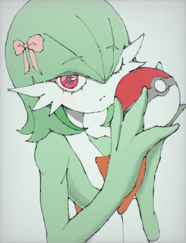 1girl alternate_hairstyle blush bow closed_mouth colored_skin female_focus flat_chest gardevoir gen_3_pokemon green_skin grey_background hair_between_eyes hair_bow hands_up highres holding holding_poke_ball light_blush looking_at_viewer medium_hair multicolored_skin nintendo one_eye_closed own_hands_together pink_bow pink_eyes poke_ball poke_ball_(basic) pokemon pokemon_(creature) sara_(sublender1234) simple_background solo split_mouth standing two-tone_skin upper_body white_skin