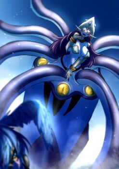 blush bracelet calamaramon digimon digimon_(creature) earrings jewelry koutei_teki long_hair monster_girl purple_hair red_eyes shutumon squid_girl tentacles