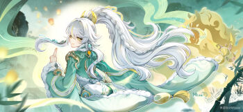 1girl braid cape chinese_commentary closed_mouth commentary_request crescent crescent_hair_ornament from_behind fur_trim genshin_impact green_cape hair_ornament high_ponytail highres horse index_finger_raised lantern long_hair long_sleeves looking_at_viewer looking_back misa_red miyoushe_watermark multicolored_hair paper_lantern pillar ponytail sky_lantern smile solo streaked_hair tassel very_long_hair watermark white_hair wide_sleeves yellow_eyes zibai_(genshin_impact)