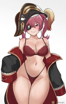 1girl bare_shoulders blush breasts cleavage eyepatch grin highres hioyami hololive houshou_marine large_breasts long_hair long_sleeves looking_at_viewer navel red_eyes red_hair smile solo twintails virtual_youtuber