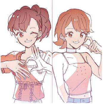 2girls arm_behind_back bare_arms bare_shoulders blue_pants breasts brown_eyes brown_hair camisole choker collarbone commentary_request denim digital_media_player earrings hair_ornament hair_up hairclip highres jeans jewelry looking_at_viewer midriff_peek multiple_girls navel official_alternate_costume one_eye_closed paitan1007 pants parted_lips persona persona_3 persona_3_portable pink_camisole puffy_short_sleeves puffy_sleeves shiomi_kotone short_hair short_sleeves smile spaghetti_strap stud_earrings takeba_yukari upper_body white_background white_choker