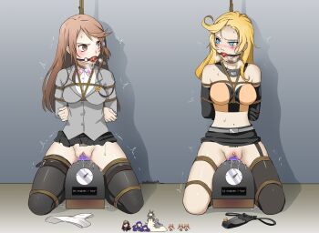 Rule 34 | 2girls, absurdres, arms behind back, ball gag, barcode, barcode tattoo, bare shoulders, bdsm, belt, belt buckle, black gloves, black panties, black thighhighs, blonde hair, blue eyes, blush, bondage, bound, breasts, brown eyes, brown hair, buckle, caligula (game), caligula (series), character watermark, clothes lift, commission, corset, drooling, elbow gloves, eudetenis, eyebrows, facing viewer, fate/grand order, fate (series), female focus, full body, gag, garter straps, girls' frontline, gloves, highres, idw (girls' frontline), kantai collection, kashiwaba kotono, kneeling, long hair, looking at another, medium breasts, meme, mirei (caligula), multiple girls, mutsu (kancolle), mutsu (kantai collection), mutsu (snail), navel, noose, oda nobunaga (fate), oda nobunaga (koha-ace), orgasm counter, panties, pencil skirt, pleated skirt, pubic tattoo, pussy, pussy juice, restrained, riding machine, rope, saliva, school uniform, sex machine, sex toy, shibari, single thighhigh, skirt, skirt lift, smol nozomi, spread legs, sweat, sybian, tattoo, thighhighs, thong, tojo nozomi, trembling, uncensored, underwear, uneven eyes, unworn panties, vaginal, vibrator, white panties
