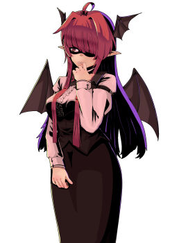 Rule 34 | 1girl, averting eyes, bat wings, biting own finger, black skirt, black vest, bow, bowtie, breasts, center frills, collared shirt, commentary request, cowboy shot, frills, hair over one eye, hand up, highres, koakuma, large breasts, long hair, long sleeves, looking to the side, parted lips, pi-nattus, pointy ears, red bow, red bowtie, red eyes, shirt, simple background, skirt, skirt set, sleeves past wrists, solo, standing, touhou, vest, white background, white shirt, wings