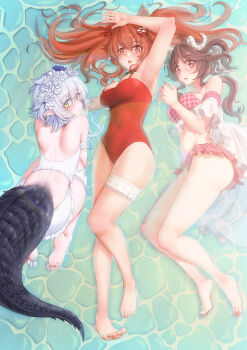 3girls angelina_(arknights) angelina_(summer_flower)_(arknights) animal_ears arknights arm_up armpits ass bare_arms bare_back bare_legs bare_shoulders barefoot bikini bikini_skirt breasts brown_eyes brown_hair casual_one-piece_swimsuit commentary_request covered_navel crocodilian_tail dorsiflexion eyjafjalla_(arknights) eyjafjalla_(summer_flower)_(arknights) feet flower fox_ears hair_flower hair_ornament highres horns large_breasts large_tail legs multiple_girls off-shoulder_bikini off_shoulder official_alternate_costume one-piece_swimsuit parted_lips pink_bikini pink_eyes pointy_ears red_one-piece_swimsuit revision sheep_horns soles swimsuit swimsuit_cover-up tail thigh_strap thighs toes tomimi_(arknights) tomimi_(silent_night)_(arknights) twintails water white_flower white_hair yamauchi_kouen yellow_eyes