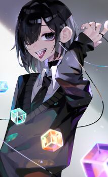 Rule 34 | 1girl, :d, absurdres, aegyo sal, arm at side, arm up, black eyes, black hair, black necktie, black sweater, bob cut, borrowed character, clip studio paint (medium), collared shirt, commentary request, flat chest, grey background, hair intakes, hair over one eye, highres, ice, ice cube, light particles, long sleeves, looking at viewer, medium hair, mole, mole under eye, mouth hold, n. (plaw 01), necktie, one eye covered, open mouth, original, puffy long sleeves, puffy sleeves, raised inner eyebrows, school uniform, shirt, simple background, sleeves past wrists, smile, solo, sweater, teeth, thick eyelashes, tongue, tongue out, tsurime, undershirt, upper body, upper teeth only, white shirt