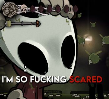 1girl arthropod_girl black_eyes bug caption cloak english_text fly gameplay_mechanics hollow_eyes hollow_knight hollow_knight:_silksong horned_mask hornet_(hollow_knight) insect mask miyan_(oceanmaiden) red_cloak white_mask