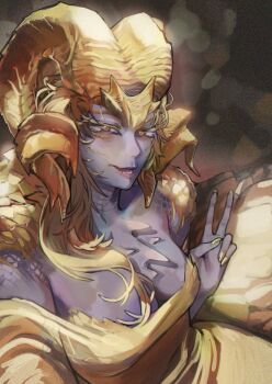 absurdres blonde_hair breasts brown_eyes cleavage colored_skin cropped_legs dragon_girl dress gold_nails highres horns kulve_taroth looking_at_viewer medium_breasts miao_jiangyou monster_girl monster_hunter:_world monster_hunter_(series) parted_lips personification purple_skin scales shine smile v