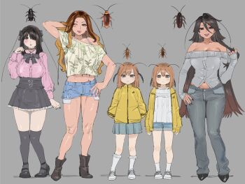 5girls antennae arthropod_girl breasts cockroach_girl grey_background hair_over_one_eye highres jirai_kei large_breasts long_hair multiple_girls one_eye_closed original qopqop