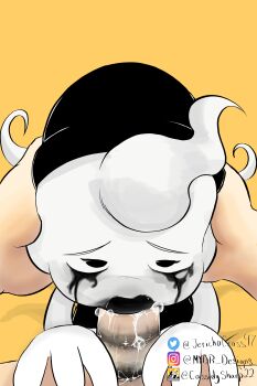 absurdres artist_name bendy_and_the_dark_revival bendy_and_the_ink_machine boots bowler_hat carley_(batdr) clothed_female_nude_male eye_contact fellatio ghost ghost_girl gloves grabbing_another&#039;s_hair hat hetero highres holding_another&#039;s_hair jerichocross97 lipstick lipstick_mark lipstick_mark_on_penis lipstick_smear looking_at_another looking_at_viewer looking_up makeup nude oral overalls penis_shadow pov runny_makeup saliva sitting sleeveless turtleneck
