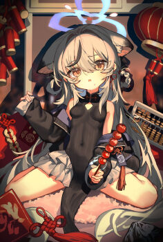 Rule 34 | 1girl, absurdres, animal ear fluff, animal ears, black coat, black dress, black hair, blue archive, blue halo, breasts, brown eyes, china dress, chinese clothes, chinese commentary, coat, commentary request, covered navel, dress, extra ears, grey hair, halo, highres, holding, holding skewer, kele mimi, kokona (blue archive), long hair, looking at viewer, multicolored hair, open mouth, pinstripe dress, pinstripe pattern, sitting, skewer, small breasts, solo, spread legs, streaked hair, tiger ears, tiger girl, two-tone hair, wariza