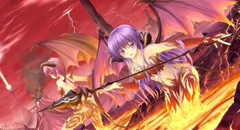 2girls blush breasts cloud explosion fire fire hell horns kopianget lightning long_hair multiple_girls open_mouth original pink_eyes pink_hair polearm purple_eyes purple_hair sky smile spear tail very_long_hair volcano weapon wings