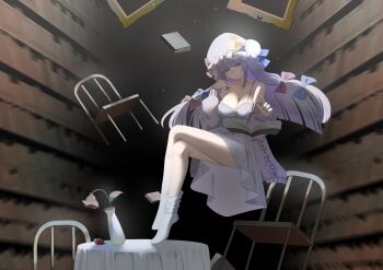 1girl absurdres alternate_costume blue_bow book bookshelf bow breasts chair cleavage collarbone commentary crescent crescent_hat_ornament crossed_legs dress floating flower hair_bow hat hat_ornament highres large_breasts library long_hair looking_at_viewer mob_cap multiple_hair_bows no_noru open_book open_clothes patchouli_knowledge picture_frame pink_eyes purple_hair red_bow red_flower sleeveless sleeveless_dress socks solo strap_slip striped_clothes striped_dress table touhou vase vertical-striped_clothes vertical-striped_dress voile white_socks