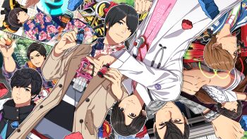 Rule 34 | 1010 mumumu, 6+boys, ankh (ooo), banjou ryuuga, binary, black hair, blue eyes, blue shirt, bracelet, brown coat, brown hair, buttons, coat, commentary request, cross-z dragon, double-breasted, floral print, fullbottle, gashat, ghost driver, green eyes, grey shirt, hair between eyes, henshin, heterochromia, highres, hino eiji, houjou emu, in-franchise crossover, jacket, jewelry, kamen rider, kamen rider build (series), kamen rider ex-aid (series), kamen rider fourze (series), kamen rider gaim (series), kamen rider ghost (series), kamen rider heisei generations final: build &amp; ex-aid with legend riders, kamen rider lazer bike gamer level 2, kamen rider ooo (series), kazuraba kouta, kiryuu sento, kisaragi gentarou, lab coat, lock seed, male focus, mighty action x gashat, motor vehicle, motorcycle, multiple boys, o scanner, ooo driver, open mouth, orange eyes, orange vest, parad, pink eyes, pink shirt, plaid clothes, plaid shirt, rabbit fullbottle, red eyes, rider belt, shirt, short hair, sleeves rolled up, smile, stethoscope, stethoscope around neck, striped clothes, striped shirt, studded bracelet, sukajan, sweatdrop, tenkuuji takeru, tokusatsu, upside-down, vest