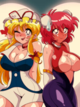 Rule 34 | 1990s (style), absurdres, blonde hair, blush, breasts, bun cover, choker, cleavage, cosplay, cutie honey, cutie honey (character), cutie honey (character) (cosplay), double bun, hair bun, hat, hat ribbon, heart, highres, ibaraki kasen, kisaragi honey, kisaragi honey (cosplay), large breasts, miwijag1997, mob cap, pink eyes, pink hair, purple eyes, red ribbon, retro artstyle, revealing clothes, ribbon, thick thighs, thighs, touhou, yakumo yukari