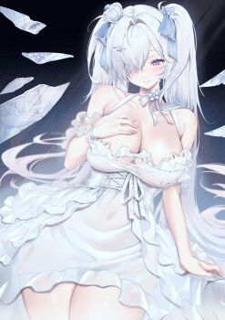 1girl absurdres bare_shoulders black_background blue_eyes blush breasts cinderella_(nikke) cleavage commentary_request dress goddess_of_victory:_nikke gradient_background grey_hair hair_intakes hair_over_one_eye hair_ribbon hand_on_own_chest highres large_breasts long_hair looking_at_viewer moy ribbon see-through_clothes see-through_dress simple_background smile solo thighs twintails very_long_hair white_dress white_hair