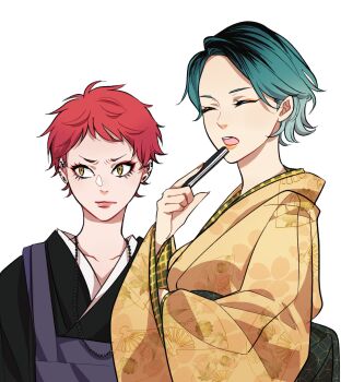 Rule 34 | 2girls, :o, aqua hair, beads, black kimono, closed eyes, collarbone, commentary request, ear piercing, earrings, eyelashes, eyeliner, facing to the side, fan print, fan to mouth, floral print, floral print kimono, folded fan, folding fan, forehead, from side, frown, genderswap, genderswap (mtf), gradient hair, hand fan, hand up, harai kuko, highres, holding, holding fan, hypnosis mic, japanese clothes, jewelry, juban, kesa, kimono, long sleeves, looking to the side, makeup, multicolored hair, multiple girls, multiple piercings, necklace, nika 633, nurude sasara, obi, open mouth, orange eyeliner, orange lips, piercing, pink lips, pink nails, plug (piercing), prayer beads, print kimono, red eyeliner, red hair, roots (hair), sash, short bangs, short eyebrows, short hair, sideways glance, simple background, stud earrings, teeth, upper body, upper teeth only, v-shaped eyebrows, very short hair, white background, wide sleeves, yellow eyes, yellow kimono