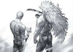 Rule 34 | 2boys, ass, back muscles, cowboy shot, facing away, fighting stance, from behind, greyscale, holding, holding sword, holding weapon, killer (one piece), long hair, male focus, monochrome, multiple boys, nisir0, one piece, pants, ready to draw, roronoa zoro, shirt, short hair, side-by-side, sword, tight clothes, tight shirt, trait connection, very long hair, wavy hair, weapon