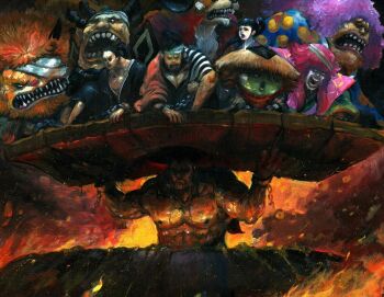 6+boys acrylic_paint_(medium) angry animal_ears artist_logo artist_name ashura_doji bandage_over_one_eye bandages black_hair black_kimono boiling carrying carrying_multiple_people carrying_person cat_boy cat_ears cat_tail chonmage clenched_teeth cooking_pot crying cuffs curly_hair denjirou_(one_piece) dog_boy dog_ears fire fish_boy floral_print floral_print_kimono hair_ribbon hat high_ponytail inuarashi_(one_piece) japanese_clothes kurozumi_kanjuro kawamatsu kikunojo_(one_piece) kimono kinemon kouzuki_oden large_tail lifting_person logo long_hair mane multiple_boys muscular muscular_male nekomamushi one_piece open_mouth orange_hair orange_kimono painting_(medium) pink_hair plank ponytail print_kimono purple_kimono raizo_(one_piece) red_hair red_ribbon ribbon rice_hat shackles short_hair sideburns smoke striped_clothes striped_kimono sunglasses tail teeth topknot traditional_media wafalo yellow_kimono