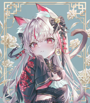 Rule 34 | 1girl, animal ear fluff, animal ears, black bow, black shirt, bow, breasts, cat earrings, cat ears, cat girl, cat tail, cleavage, closed mouth, commentary, crop top, earrings, egen tee, flower, frilled shirt, frilled straps, frills, grey hair, hair bow, highres, jewelry, long hair, medium breasts, multicolored hair, multiple hair bows, neneko mashiro, red eyes, red hair, shirt, sleeves past fingers, sleeves past wrists, solo, stellive, streaked hair, tail, virtual youtuber, white flower