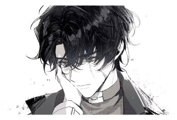 1boy black_eyes black_hair coat curtained_hair expressionless greyscale hair_between_eyes halftone hand_on_another&#039;s_face head_tilt highres kim_dokja letterboxed looking_at_viewer male_focus monochrome omniscient_reader&#039;s_viewpoint open_clothes open_coat pov pov_hands scar scar_across_eye scar_on_face short_hair solo twle yoo_joonghyuk