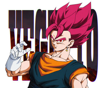 blue_sash blue_shirt character_name dougi dragon_ball dragon_ball_super earrings gloves highres jewelry medium_hair muscular muscular_male nagare_seiya orange_shirt potara_earrings red_eyes red_hair sash shirt simple_background spiked_hair super_saiyan super_saiyan_god upper_body vegetto white_background white_gloves