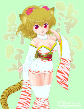 Rule 34 | 1girl, akira m, animal ear fluff, animal ears, animal print, artist name, blonde hair, breasts, chinese zodiac, cleavage, commentary, dated, detached sleeves, feet out of frame, flower, fur collar, furisode sleeves, green background, hair flower, hair ornament, hand in own hair, hand up, highres, japanese clothes, kimono, large breasts, long sleeves, looking at viewer, medium hair, new year, obi, obiage, obijime, open mouth, original, ponytail, print kimono, print sleeves, print thighhighs, red eyes, red flower, sash, short kimono, skindentation, sleeves past wrists, smile, solo, standing, strapless kimono, tail, thighhighs, thighs, tiger ears, tiger girl, tiger print, tiger tail, watermark, web address, white kimono, white thighhighs, wide sleeves, year of the tiger, yellow sash