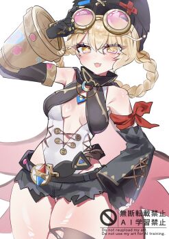 Rule 34 | 1girl, adjusting eyewear, bandana, bandana around arm, bare shoulders, beanie, black hat, black scarf, black shorts, blonde hair, braid, braided hair rings, breasts, breasts apart, center opening, commentary, detached sleeves, fangs, fingerless gloves, genshin impact, gloves, goggles, goggles on head, goheemochi, hair between eyes, hair rings, hand on eyewear, hand on own hip, hat, highres, jahoda (genshin impact), leotard, looking at viewer, mechanical arms, medium breasts, medium hair, open mouth, prosthesis, prosthetic arm, red bandana, scarf, shorts, single detached sleeve, single glove, single mechanical arm, single thighhigh, skin fangs, solo, star-shaped pupils, star (symbol), symbol-shaped pupils, thighhighs, tinted eyewear, torn clothes, torn shorts, torn thighhighs, untranslatable commentary, white background, white leotard, yellow eyes