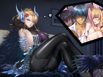 1boy 4girls :&lt; action_taimanin angry aoi_nagisa_(metalder) ass bikini bikini_under_clothes blonde_hair breasts crossed_legs demon_girl disgust faceless faceless_female fuuma_kotarou_(taimanin_series) game_cg grabbing_from_behind grin igawa_asagi indoors large_breasts lilith-soft lipstick makeup mizuki_shiranui mother_and_daughter multiple_girls onizaki_kirara ponytail ragnarok_sinmara sideboob sitting sitting_on_person smile swimsuit taimanin_(series) taimanin_rpgx taimanin_suit thinking towel twintails wide_hips