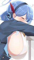 Rule 34 | 1girl, ^ ^, ako (blue archive), bell, blue archive, blue hair, breasts, closed eyes, commentary request, from side, hair between eyes, hairband, halo, head rest, highres, large breasts, long hair, long sleeves, murota (mrt0818), neck bell, sideboob, sidelocks, simple background, sleepy, solo, white background