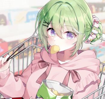 Rule 34 | 1girl, artist request, bag of chips, chips (food), chopsticks, commentary request, double-parted bangs, food, food in mouth, frilled hoodie, frills, green hair, hair between eyes, hair bun, hair ornament, hair scrunchie, hairclip, highres, holding, holding chopsticks, hood, hoodie, korean commentary, long bangs, long sleeves, looking at viewer, pink hoodie, pink scrunchie, potato chips, scrunchie, second-party source, single hair bun, solo, stellive, upper body, virtual youtuber, x hair ornament, yuzuha riko