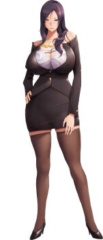 1girl absurdres bare_shoulders black_skirt blush breasts cleavage covered_erect_nipples feet female_focus full_body game_cg hand_on_own_hip high_heels highres huge_breasts jewelry legs legs_apart long_hair looking_at_viewer matching_hair/eyes necklace orico parted_lips purple_eyes purple_hair shimai_x_saimin:_zettai_fukujuu,_ore_ga_zutto_ou-sama skirt smile solo standing thighhighs thighs transparent_background zettai_ryouiki