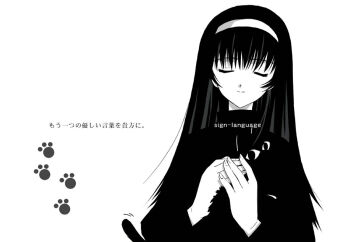 animal anime_coloring bad_id bad_tag black_cat black_eyes black_fur black_hair black_sleeves black_sweater black_tail cat closed_eyes closed_mouth dot_nose english_text facing_viewer fingerless_gloves gloves greyscale holding holding_animal holding_cat long_hair long_sleeves looking_at_viewer mixed-language_text monochrome motion_lines original paw_print serizawa_katsumi simple_background smile split_mouth straight_hair sweater translation_request turtleneck turtleneck_sweater upper_body white_background