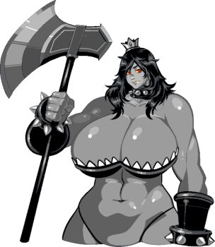 1girl 2015 abs animated animated_gif armlet armor axe bare_shoulders battle_axe bikini bikini_armor black_bikini black_gloves black_hair black_thighhighs blinking boots breasts breeding_season choker close-up colored_sclera colored_skin colored_teeth commentary cropped_torso crown erebus_(breeding_season) eyebrows_hidden_by_hair female_focus fingerless_gloves gloves grey_skin hair_over_shoulder half-closed_eyes hashtag-only_commentary huge_breasts huge_weapon jewelry lips long_hair looking_at_viewer multiple_expressions muscular muscular_female navel planted red_sclera revision s-purple sharp_teeth shiny_skin simple_background spiked_choker spikes straight_hair swept_bangs swimsuit symbol-only_commentary talking teeth thighhighs thighs transparent_background weapon yellow_sclera yellow_teeth